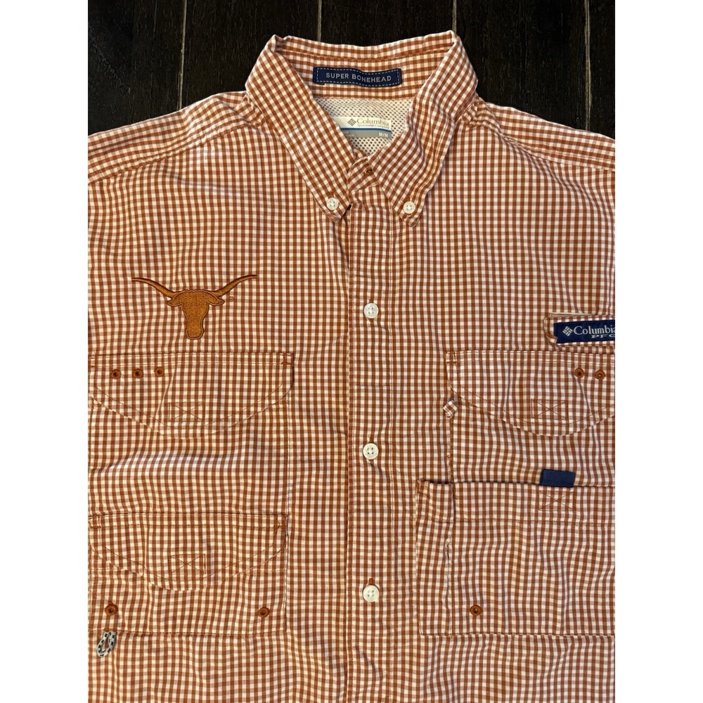 Columbia PFG Super Bonehead Texas Longhorns Men M Orange Gingham Shirt